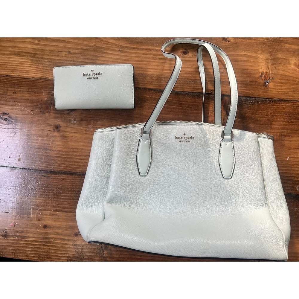 Kate Spade Mint Green Pebble Leather Tote Bag and Matching Slim Wallet Set